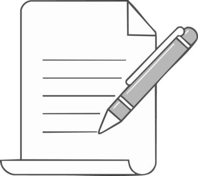 Conceptual illustration of a grey pen writing on a blank lined paper document for notes, plans, and agreements vector