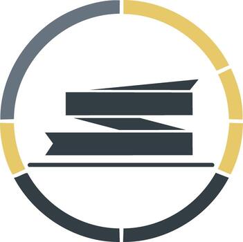 resumen gráfico icono de un oscuro gris cinta bandera y un Delgado línea dentro un segmentario oro y gris circulo marco vector