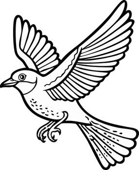 Illustration of a bird with open wings in flight, black and white outline, line art image vector