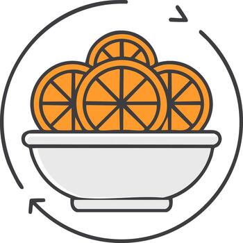 Bowl of citrus fruit slices with circular arrows indicating a cycle or refresh concept vector