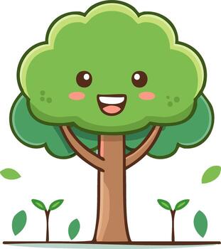 Cute smiling tree character with growing saplings for nature and ecology concepts vector
