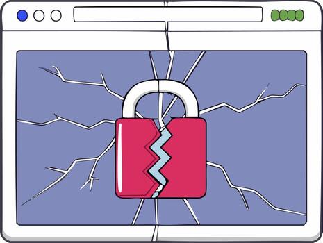 roto candado en un agrietado navegador ventana pantalla representando datos incumplimiento vector
