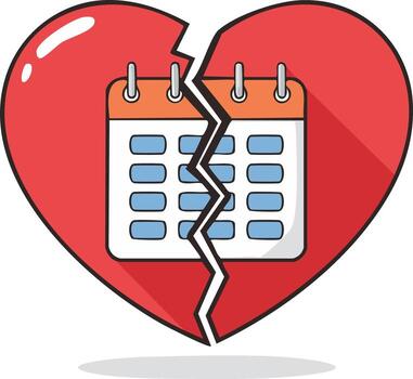 Calendar within a broken red heart symbolizing the end of a relationship or a painful separation vector