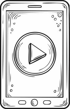 Hand drawn smartphone with play button icon on screen for streaming and mobile entertainment vector