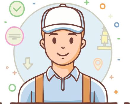 Cartoon Worker Portrait Smiling with Cap, Check Mark, Location Pin, List Icon vector
