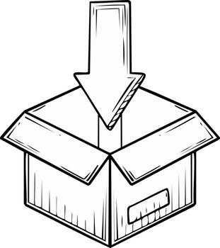 Arrow Pointing Down into an Open Cardboard Box, Sketch, Black and White vector