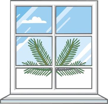 ventana ver con cielo, nube, y pino árbol rama, brillante día, ilustración vector