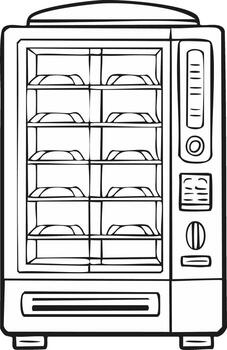 Hand drawn vending machine illustration with snacks and drinks available for purchase vector