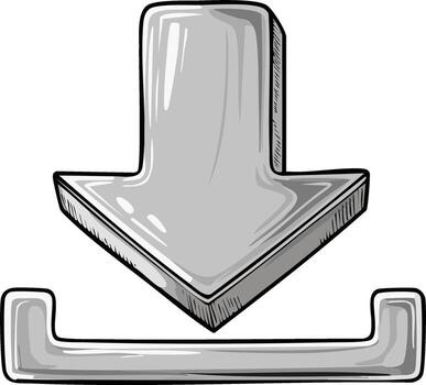 Stylized grey arrow pointing downwards towards a horizontal line, representing a download icon vector