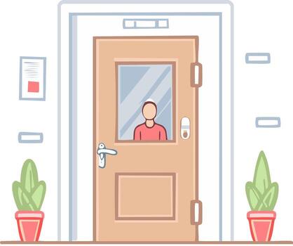 Waiting at the door with a window and a potted plant a person wearing a cap is looking out of it inside vector
