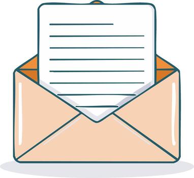 Doodle illustration of an open mail envelope with a letter, representing communication and message vector