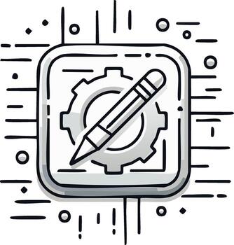 Doodle Style Design Icon Featuring Pencil and Cogwheel Inside App Square for Software Development vector