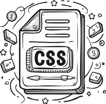 Illustrated CSS File Stack with Code Elements and Decorative Graphics, Coding Process vector