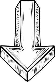 Hand drawn stylized down arrow symbol with textured sketch effect indicating direction vector