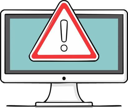 Computer monitor screen displaying a prominent red warning triangle with exclamation mark vector