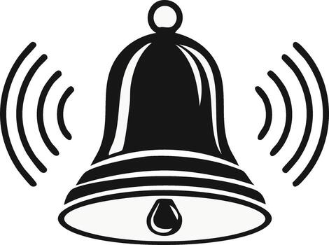 Ringing bell illustration with sound waves, attention alert for notification or alarm system, school, and emergency situations in bold black and white vector