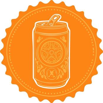 Stylized drink can on an orange decorative seal, featuring ornate design with star and patterns vector