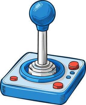 Retro game console joystick with a blue handle, red buttons, and a classic design vector