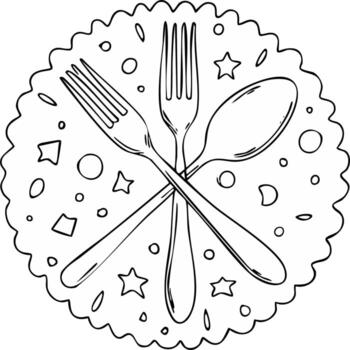 un decorativo negro y blanco dibujo de utensilios con juguetón estrella y circulo patrones para culinario temática diseño vector