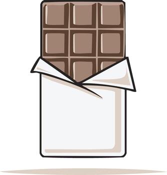 Illustration of a partially unwrapped milk chocolate bar with visible squares and white wrapper vector