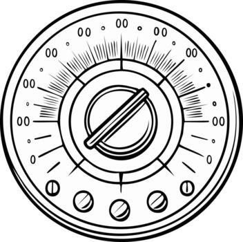 Classic analog technology meter with a round display and control knob in a vintage line art style vector