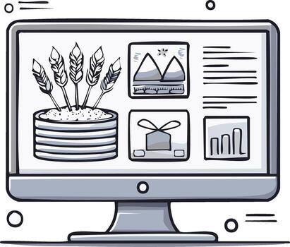 Sketch illustration of an agricultural technology website on a computer monitor with wheat and data charts vector