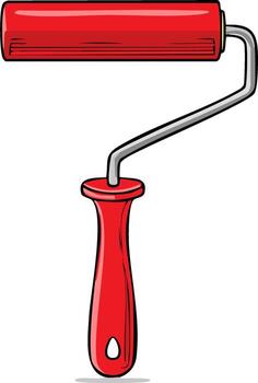 Bright red paint roller tool with a silver metal frame and a simple design vector