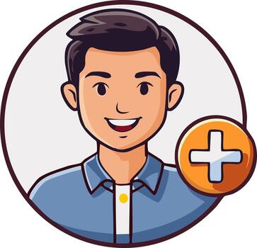 Smiling Young Man Avatar Profile with Add Plus Sign Icon for User Account Creation vector