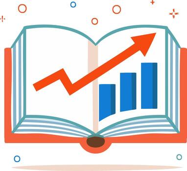 Learning for success open book illustration with upward trend and progress bars vector