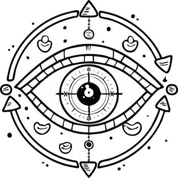 Graphic eye design with compass element, encircled by symbolic shapes and arrows in black and white vector