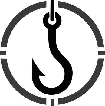 Stylized fishing hook icon centered in a target symbol, representing capture and aim vector