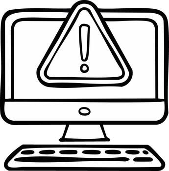 Hand-drawn desktop computer monitor showing a warning error alert symbol with a keyboard vector