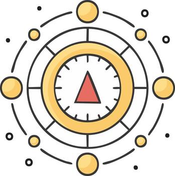 Geometric Icon Circular Timer with Red Triangle and Orbiting Spheres in Style vector