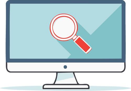 escritorio computadora pantalla mostrando aumentador vaso icono para buscando, datos análisis, investigación y hallazgo información vector