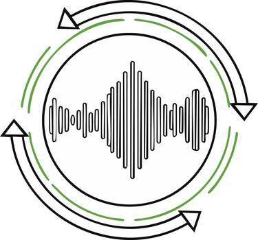 circular audio forma de onda en un lazo con giratorio verde flechas icono vector