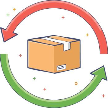 Animated package delivery and return cycle with arrows and confetti vector