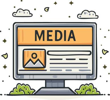 Digital media content display on a computer monitor with playful elements vector