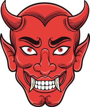 Menacing Red Devil Face with Sharp Teeth and Pointed Horns vector