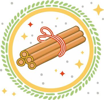 Festive icon of cinnamon sticks tied with a ribbon in a circular wreath vector