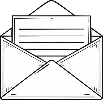 Hand drawn open envelope with lined paper inside, black and white illustration vector