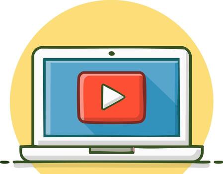 ordenador portátil pantalla muestra un rojo jugar botón icono dentro un azul marco en un amarillo circulo antecedentes vector