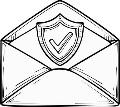 Secure message sketch with a protection shield and checkmark inside an open envelope vector