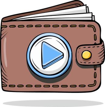 Brown wallet with play button icon and open pages for media content vector