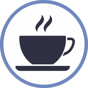 Steaming coffee cup and saucer icon in minimalist flat design within a blue circular outline vector