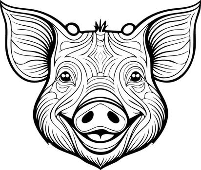 Stylized Pig Face Illustration with Intricate Line Art and Swirl Patterns vector