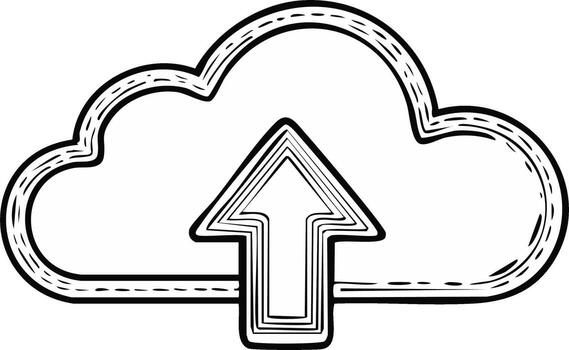 Doodle style cloud with upload arrow icon symbolizes data transfer and digital storage vector