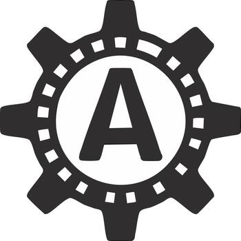 Monochrome icon of the letter A inside a gear symbol representing automation engineering and settings vector