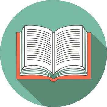 Open book with pages and text inside against a green circle background with a long shadow vector