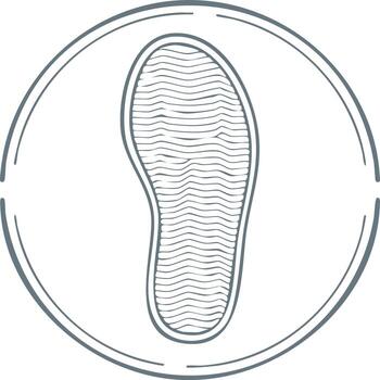 Shoe print icon inside a circle graphic design element. Footprint sole design in a frame vector