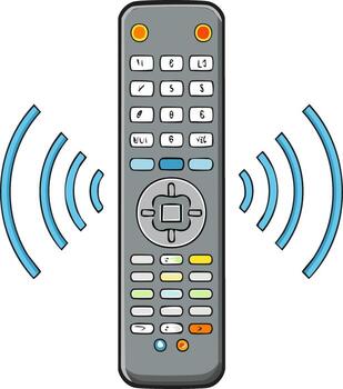 Cartoon gray remote control device sending wireless signal waves for media management vector